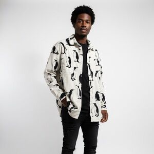 Corduroy All Over Print Penguins Button Up Sz XL Ivory Mens Shirt